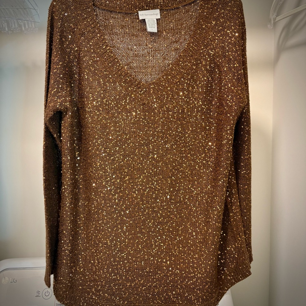 Soft Surroundings Brown Knit Top with Gold Sequins